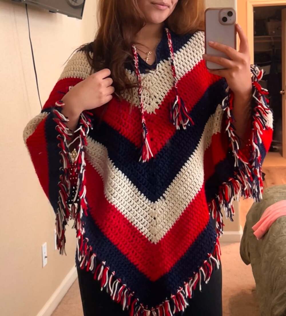 Vintage Hand Knit Chevron Fringed Poncho Red White Blue w/ties